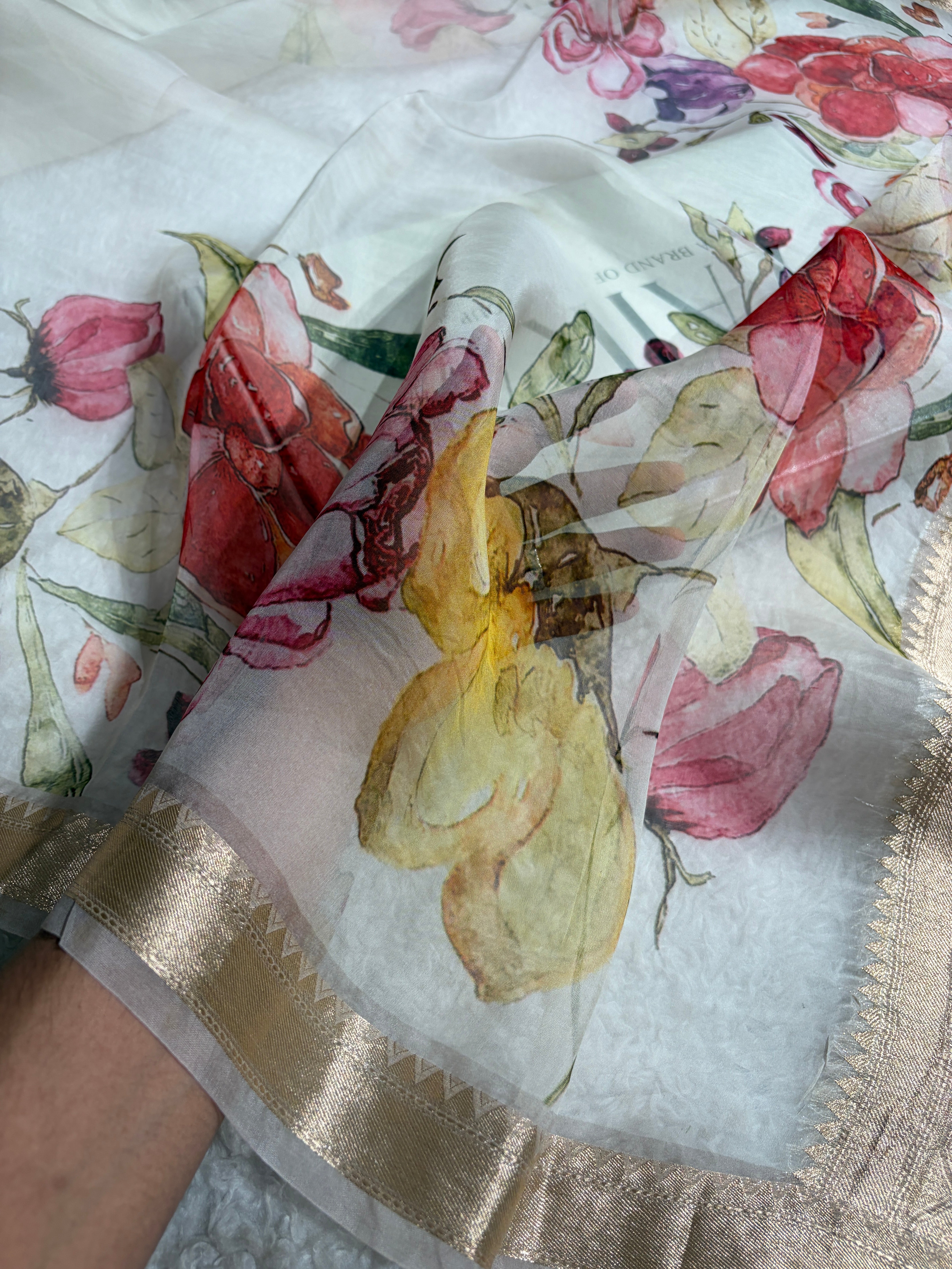 Elegant Ivory Organza with Pastel Multicolor Florals & Gold Zari Border POP01
