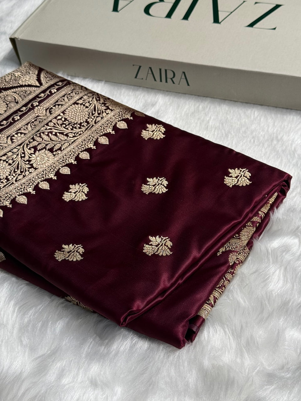 Chocolate Floral Boota Satin Katan Silk saree SK32
