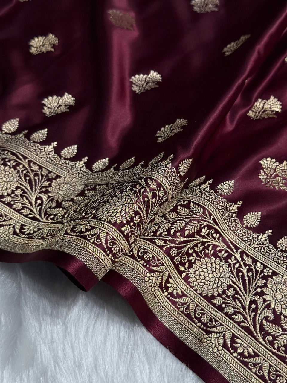 Chocolate Floral Boota Satin Katan Silk saree SK32
