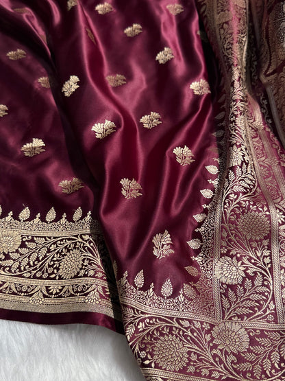 Chocolate Floral Boota Satin Katan Silk saree SK32