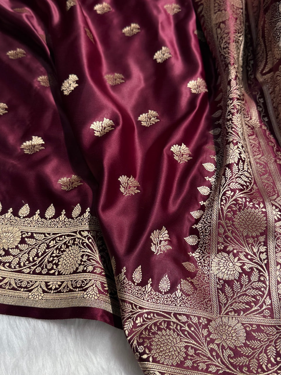 Chocolate Floral Boota Satin Katan Silk saree SK32