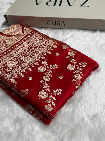 Red Cross & Booti Banarasi Katan Silk Saree SK24