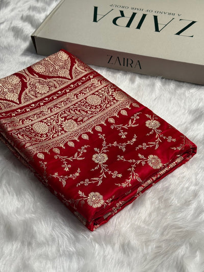 Red Banarasi Jaal Katan Silk Saree SKM37