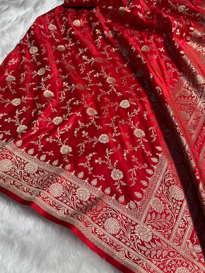 Red Banarasi Jaal Katan Silk Saree SKM37