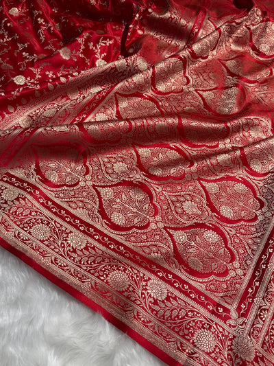 Red Banarasi Jaal Katan Silk Saree SKM37