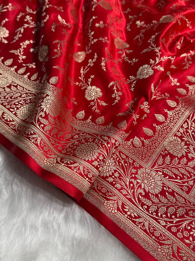 Red Banarasi Jaal Katan Silk Saree SKM37