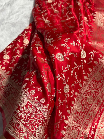 Red Banarasi Jaal Katan Silk Saree SKM37