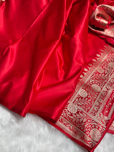 Red Banarasi Jaal Katan Silk Saree SKM37