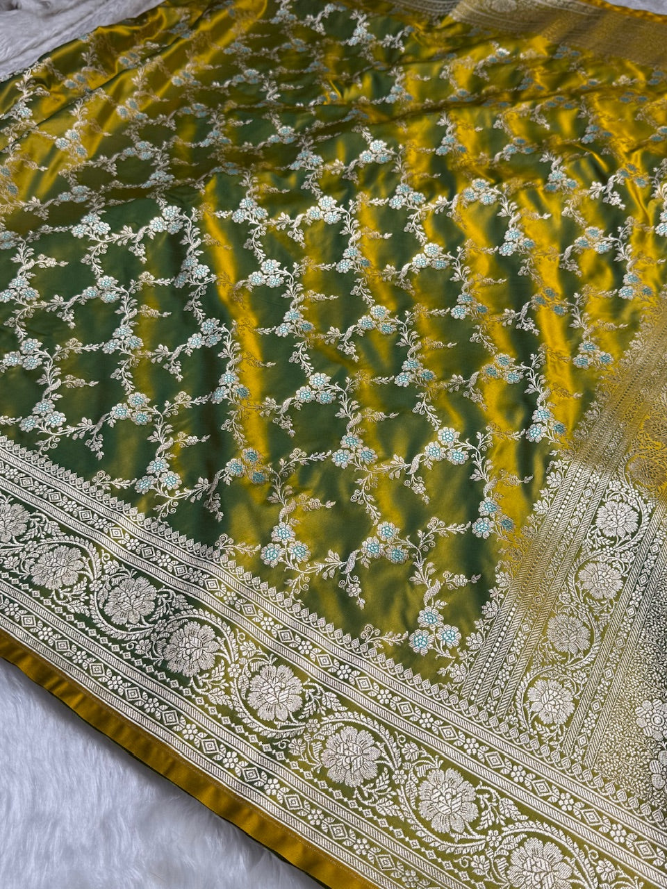 Neon Green Jaal Pattern Mashru Silk Saree