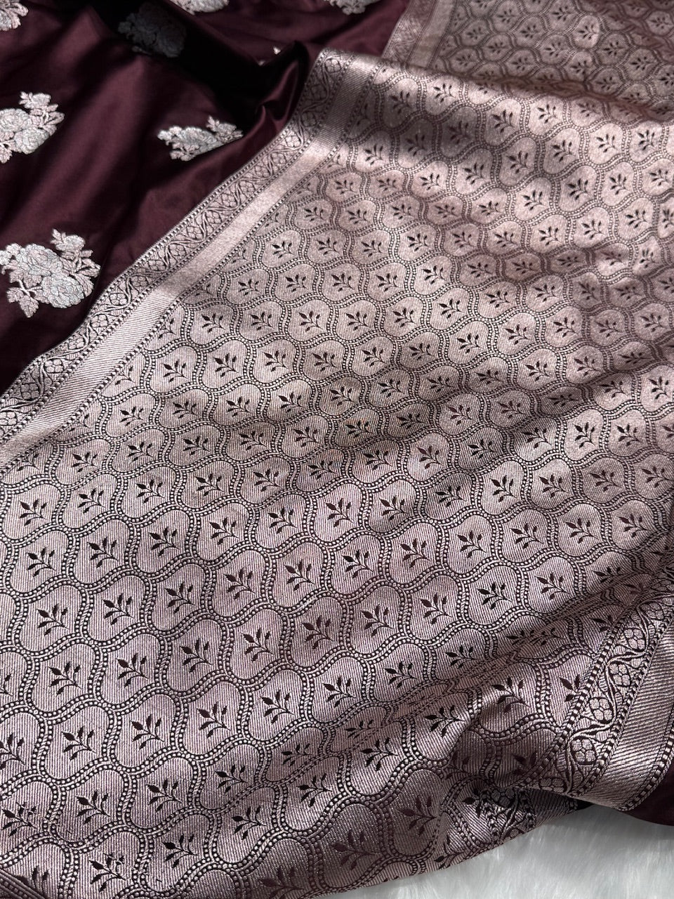 Chocolate Sona Rupa Floral Motif Mashru Silk Saree