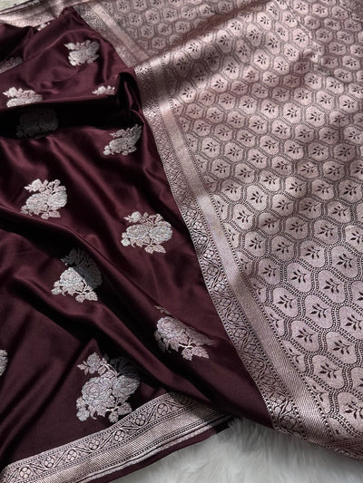 Chocolate Sona Rupa Floral Motif Mashru Silk Saree MCS50