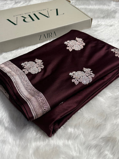 Chocolate Sona Rupa Floral Motif Mashru Silk Saree MCS50