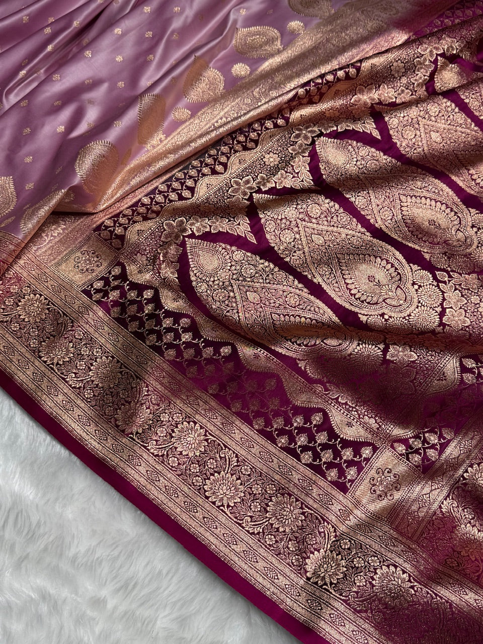 Lavender with Rani Booti Satin Katan Silk saree SK29