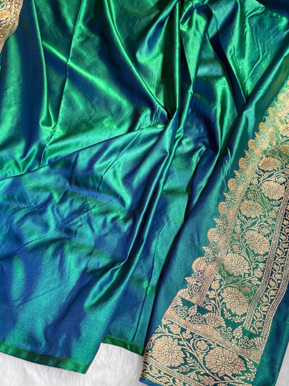 Dual Tone Bottle Green Floral Jaal Pattern Satin Katan Silk Saree SK43