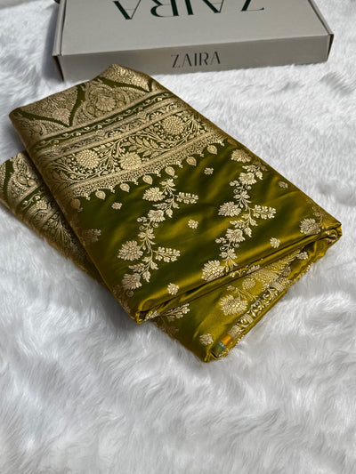 Neon Green Cross & Booti Banarasi Katan Silk Saree SK24