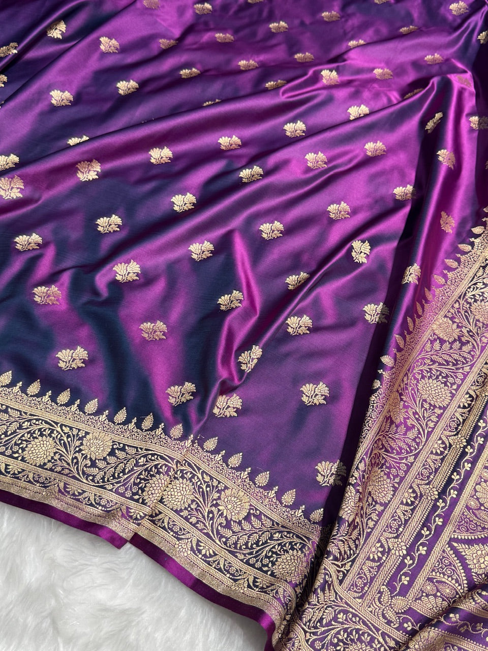Dual Tone Purple Floral Boota Satin Katan Silk saree SK32