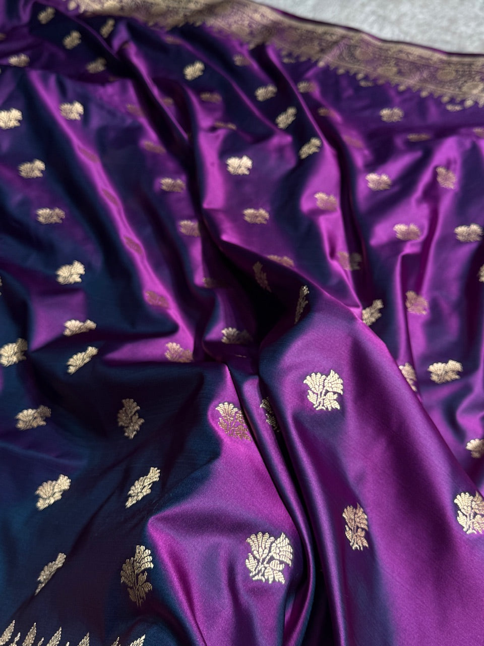 Dual Tone Purple Floral Boota Satin Katan Silk saree SK32
