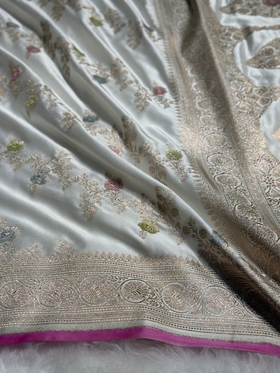 White Beautiful Banarasi Cross Mashru Silk Saree MCS01