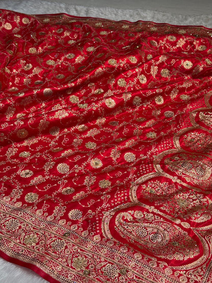 Red Satin Silk Jaal with Ari Zardozi & Swavroski Work BSS17