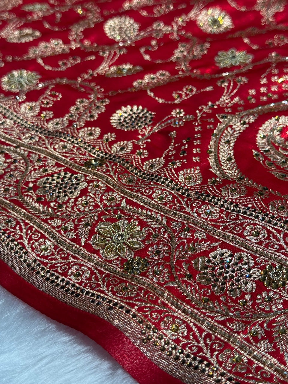 Red Satin Silk Jaal with Ari Zardozi & Swavroski Work BSS17