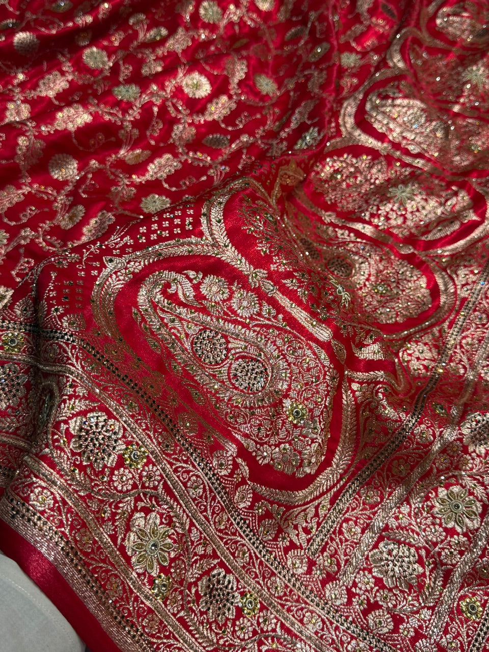 Red Satin Silk Jaal with Ari Zardozi & Swavroski Work BSS17