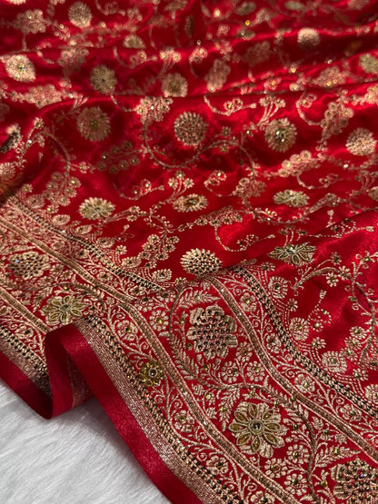 Red Satin Silk Jaal with Ari Zardozi & Swavroski Work BSS17