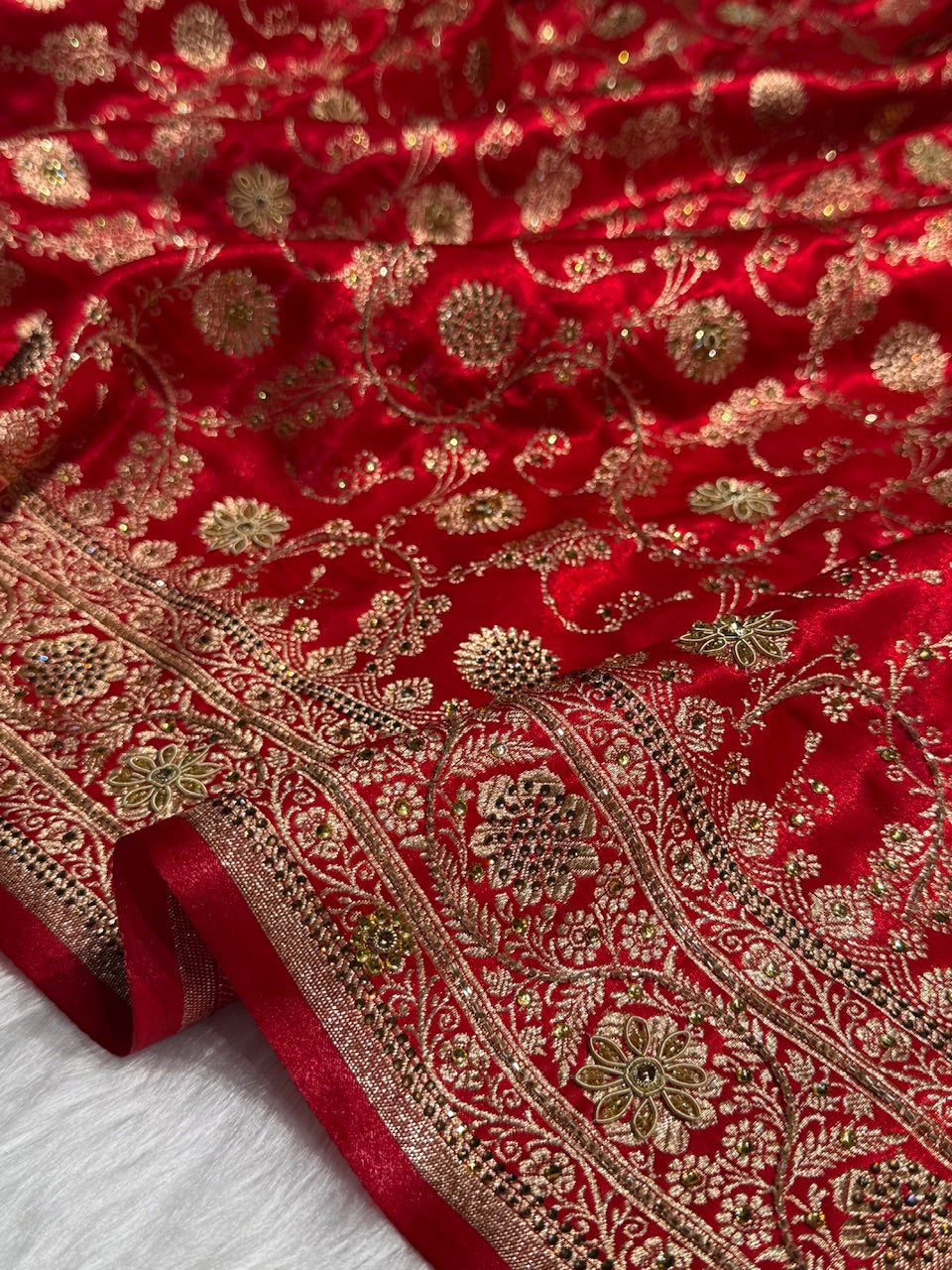 Red Satin Silk Jaal with Ari Zardozi & Swavroski Work BSS17