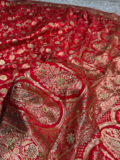 Red Satin Silk Jaal with Ari Zardozi & Swavroski Work BSS17