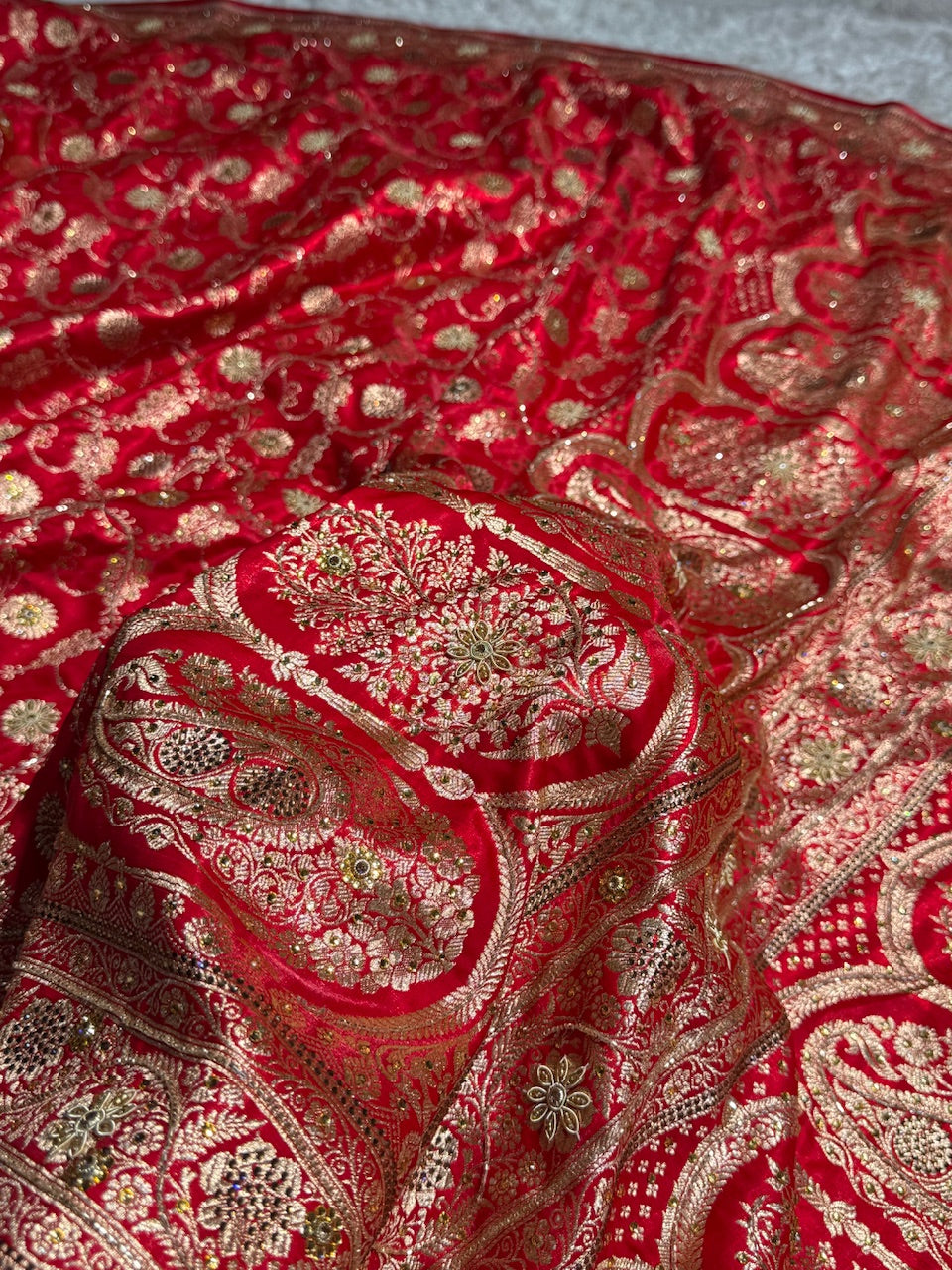 Red Satin Silk Jaal with Ari Zardozi & Swavroski Work BSS17