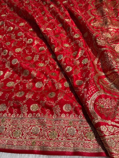 Red Satin Silk Jaal with Ari Zardozi & Swavroski Work BSS17