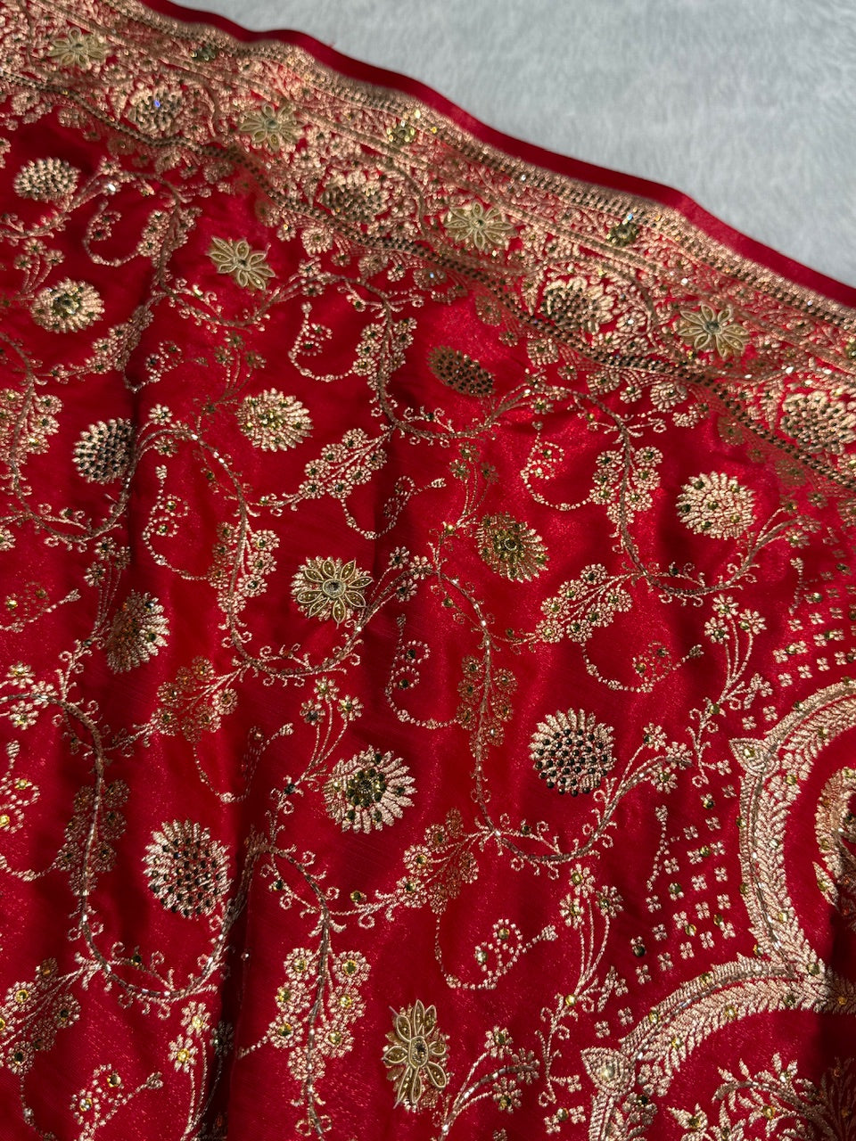 Red Satin Silk Jaal with Ari Zardozi & Swavroski Work BSS17