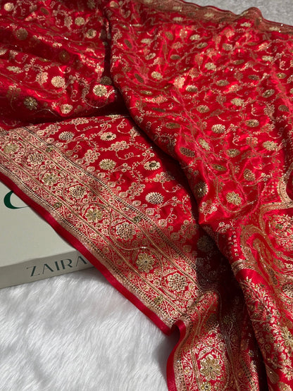 Red Satin Silk Jaal with Ari Zardozi & Swavroski Work BSS17