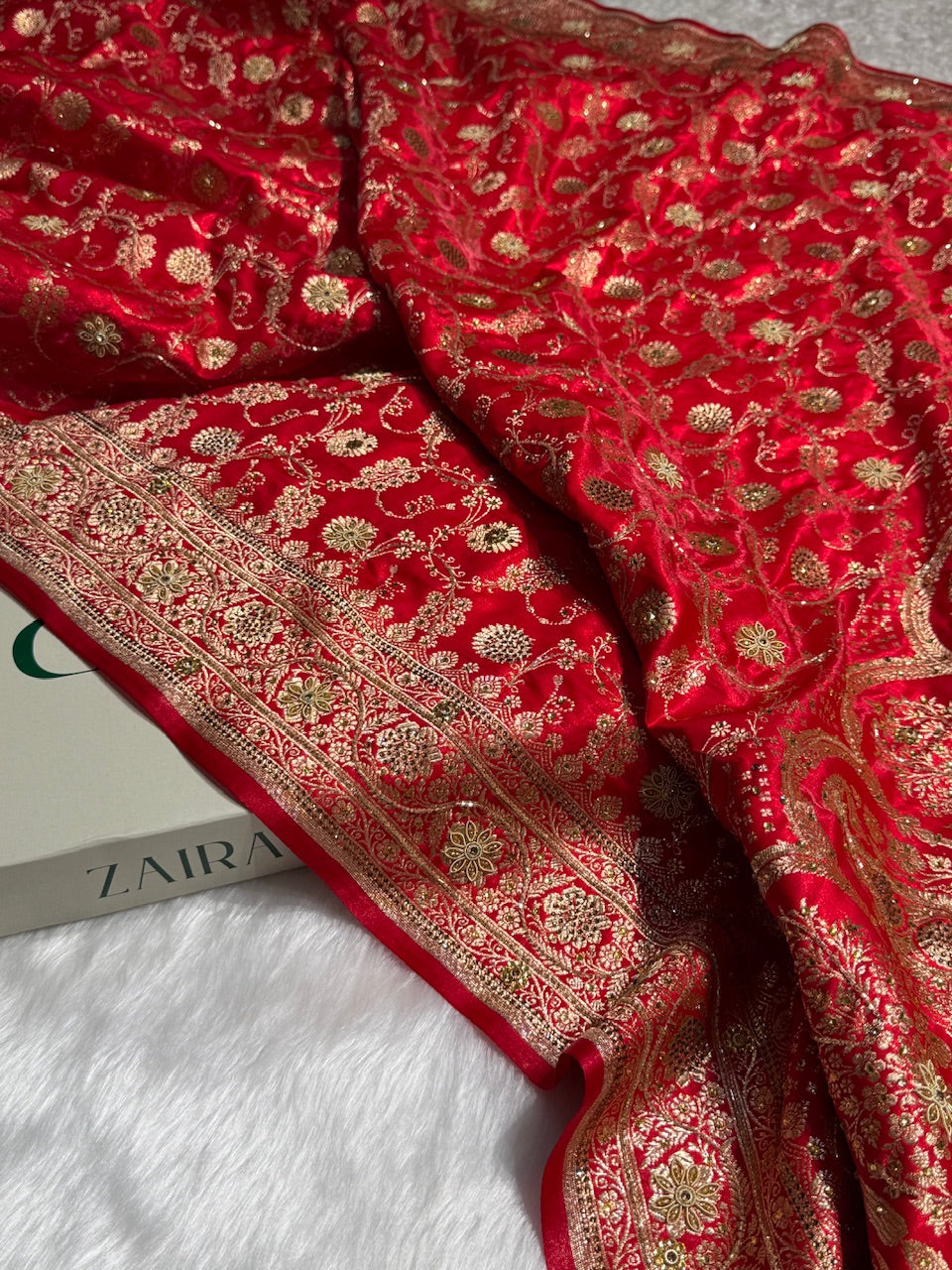 Red Satin Silk Jaal with Ari Zardozi & Swavroski Work BSS17