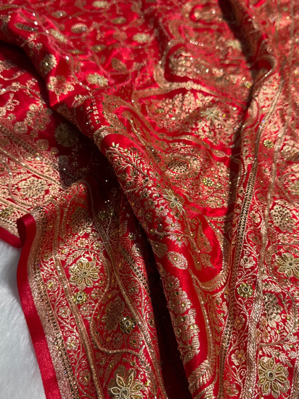 Red Satin Silk Jaal with Ari Zardozi & Swavroski Work BSS17