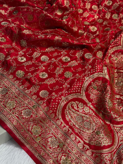 Red Satin Silk Jaal with Ari Zardozi & Swavroski Work BSS17