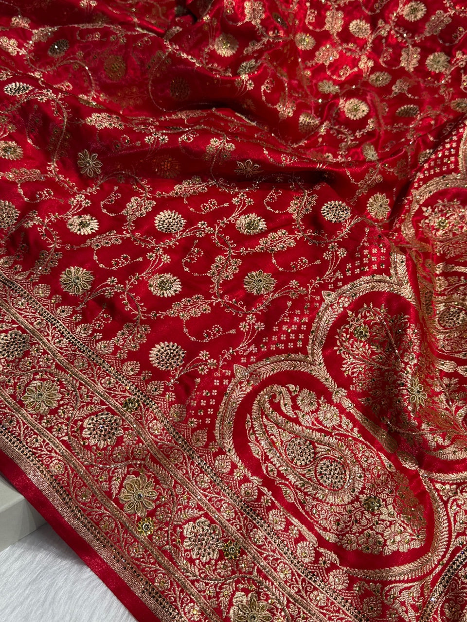 Red Satin Silk Jaal with Ari Zardozi & Swavroski Work BSS17