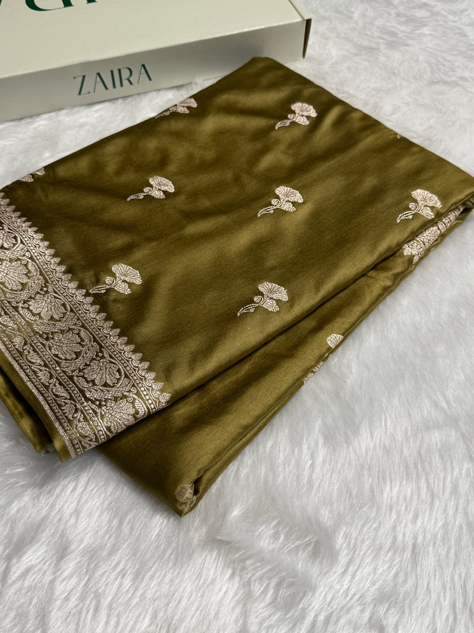 Dusty Mehandi Minakari Boota Mashru Silk Saree
