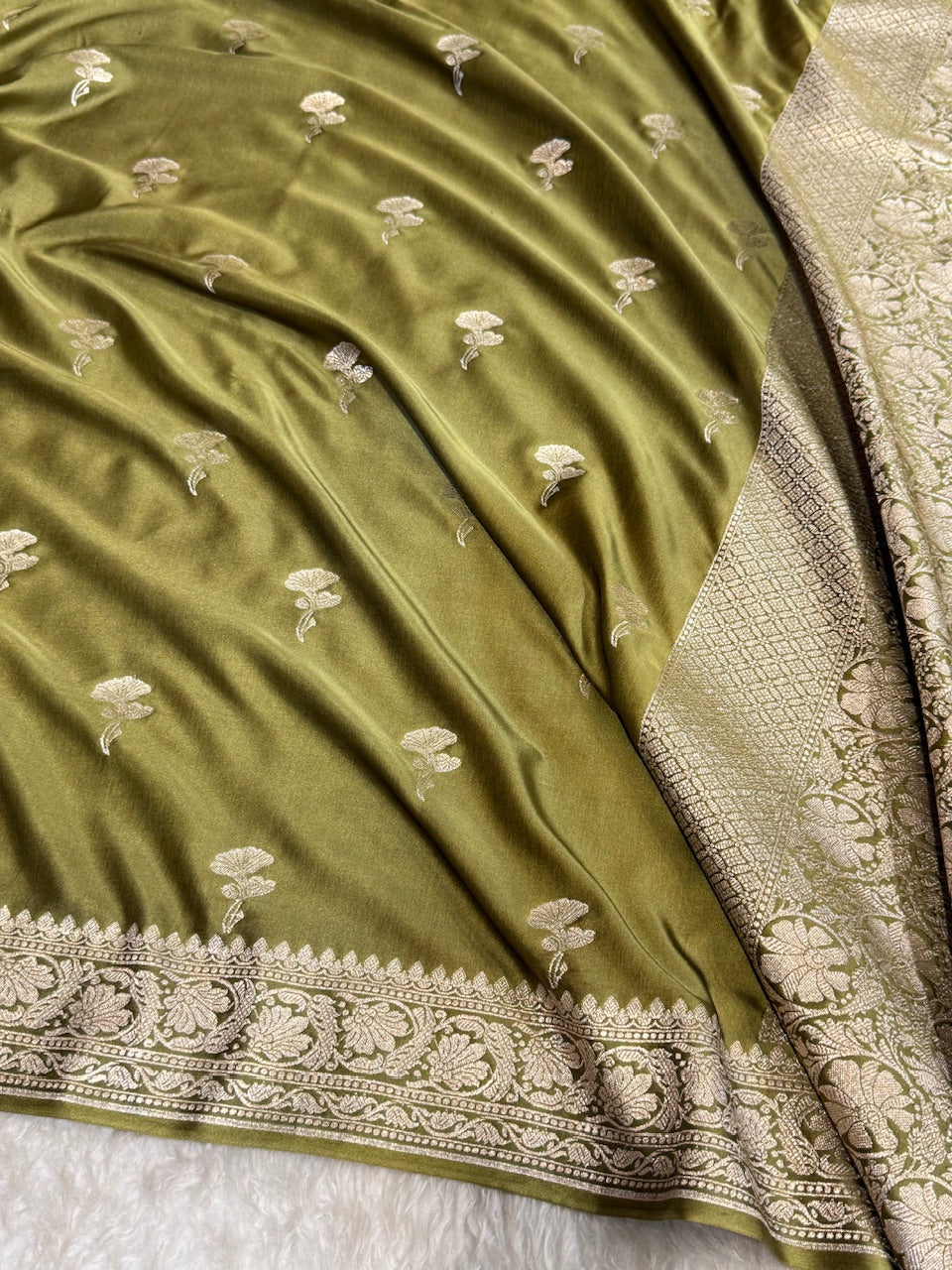 Dusty Mehandi Minakari Boota Mashru Silk Saree