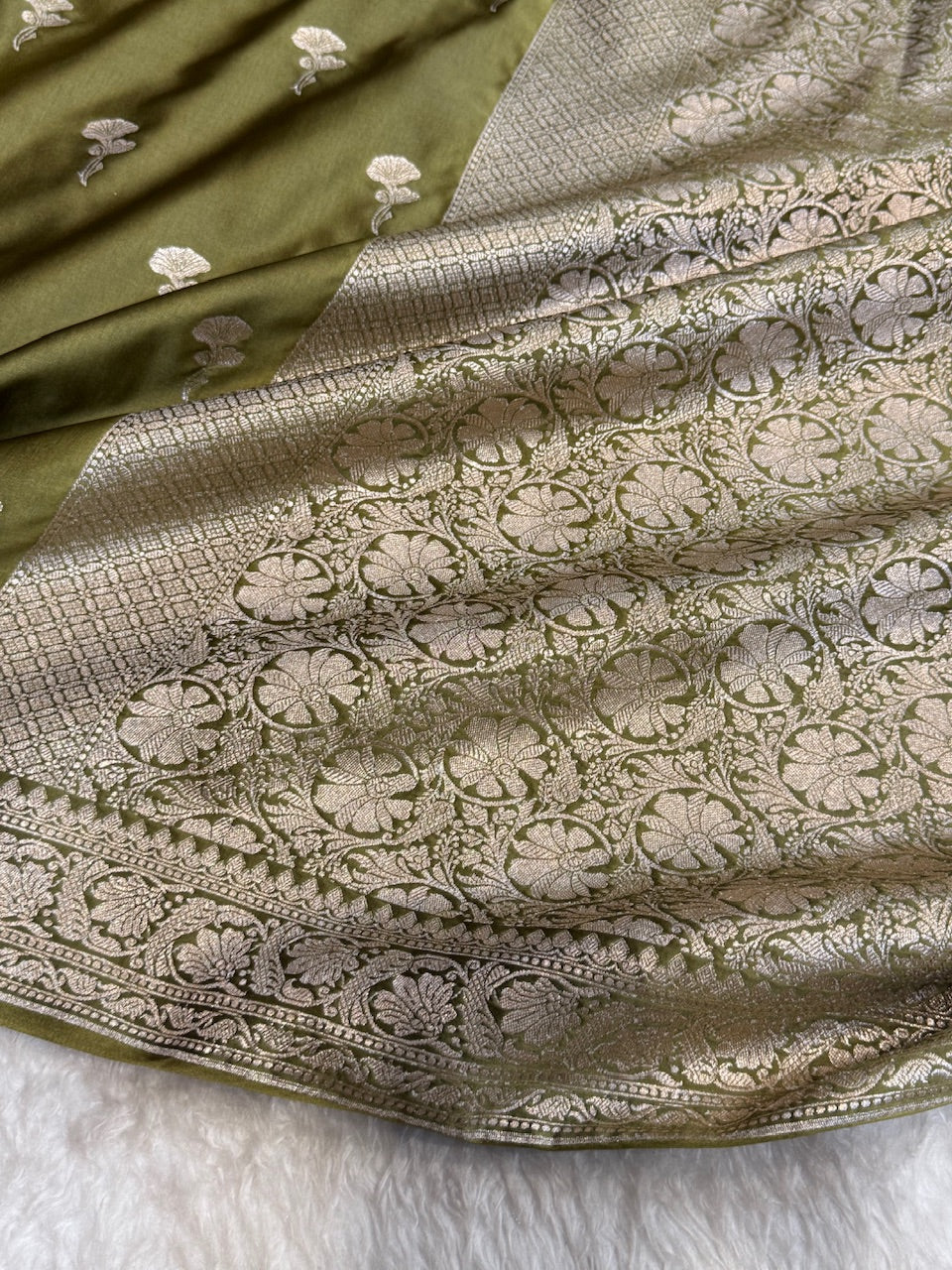 Dusty Mehandi Minakari Boota Mashru Silk Saree