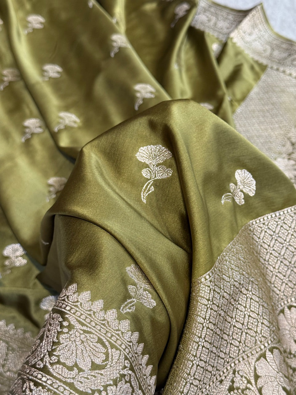 Dusty Mehandi Minakari Boota Mashru Silk Saree