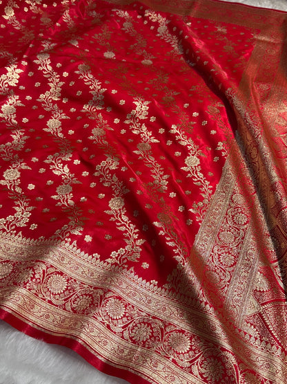Satin Silk Saree Cross with Booti in Red Shades SS24