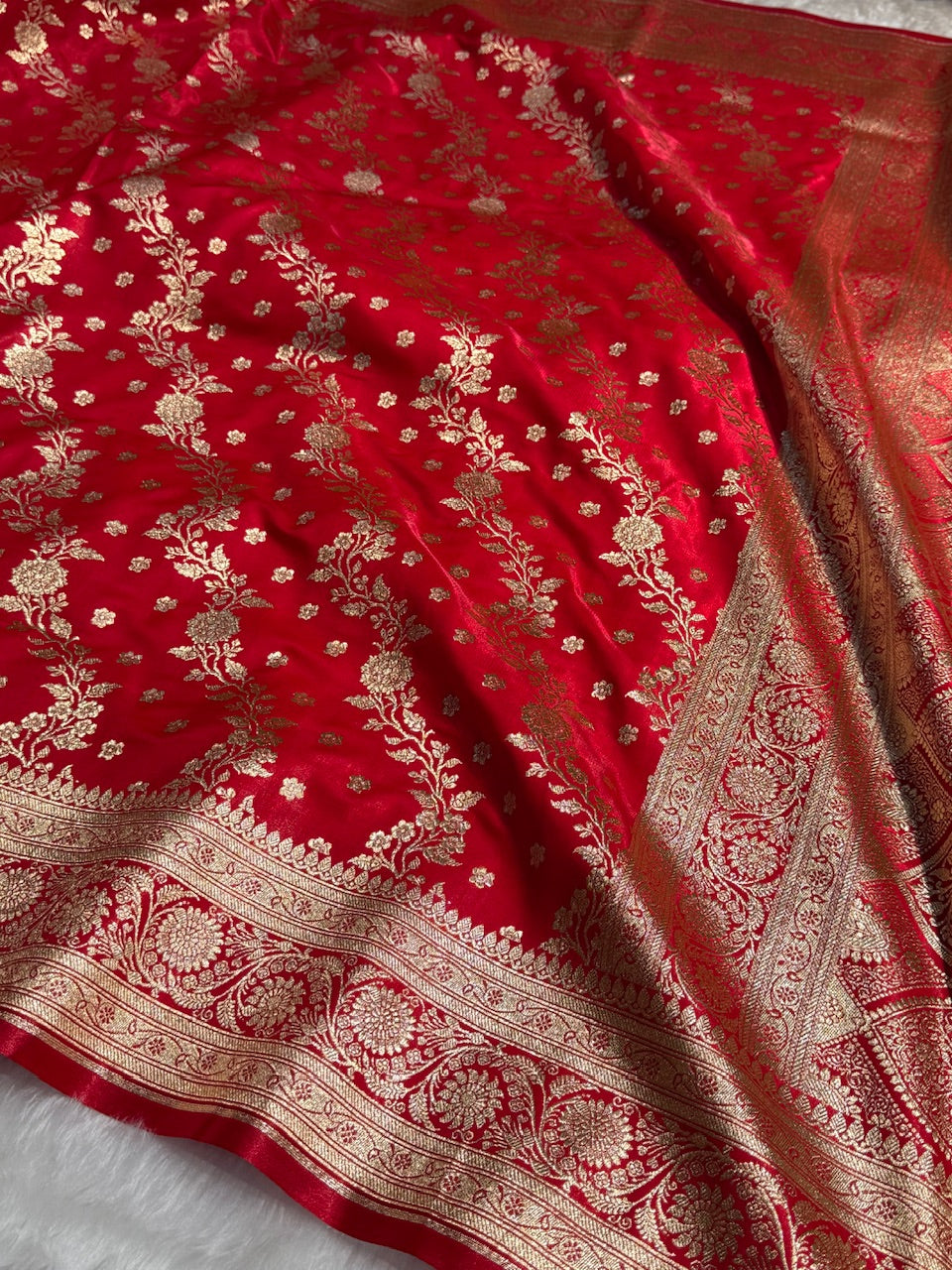 Satin Silk Saree Cross with Booti in Red Shades SS24