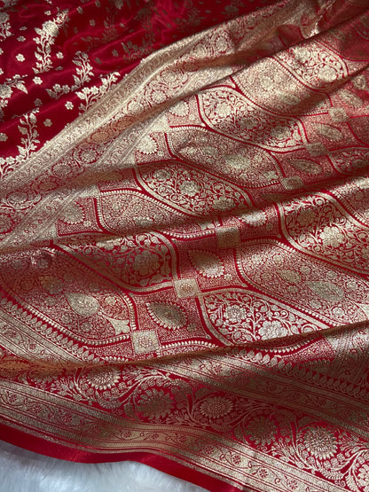 Satin Silk Saree Cross with Booti in Red Shades SS24