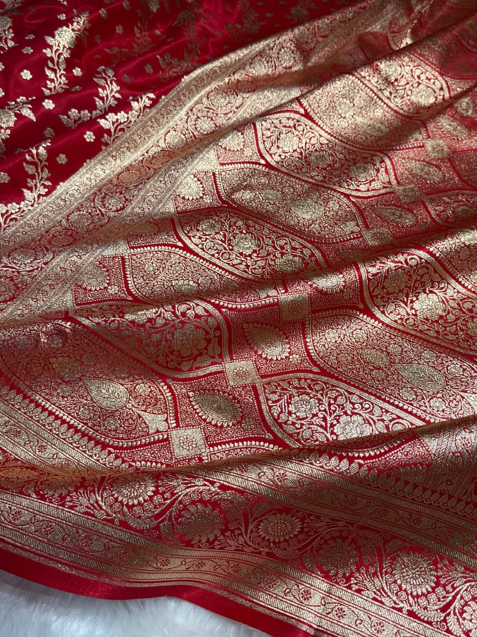 Satin Silk Saree Cross with Booti in Red Shades SS24