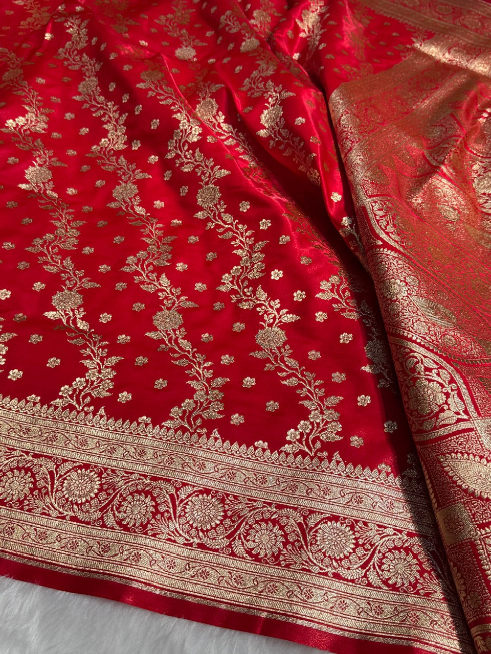 Satin Silk Saree Cross with Booti in Red Shades SS24