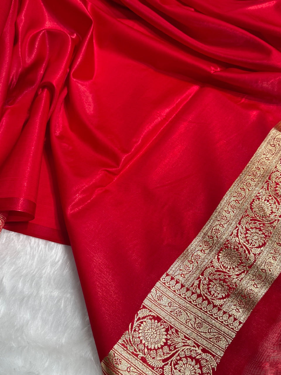 Satin Silk Saree Cross with Booti in Red Shades SS24