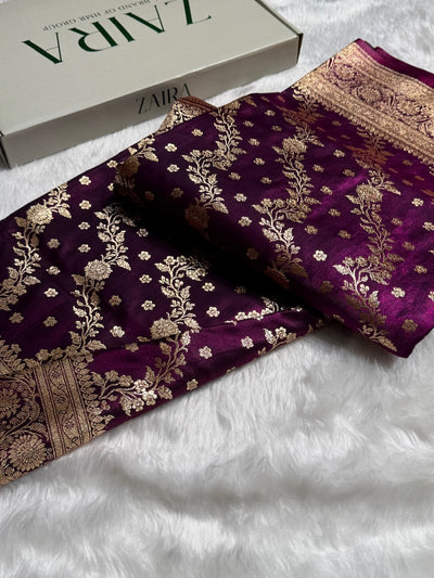 Satin Silk Saree Cross with Booti in Wine Shades SS24