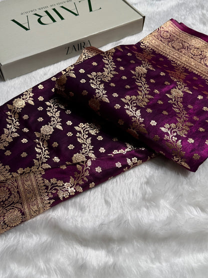 Satin Silk Saree Cross with Booti in Wine Shades SS24