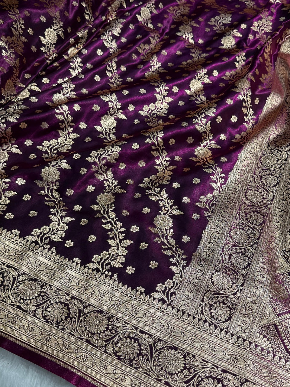 Satin Silk Saree Cross with Booti in Wine Shades SS24
