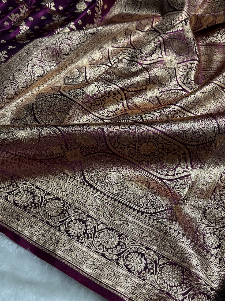 Satin Silk Saree Cross with Booti in Wine Shades SS24